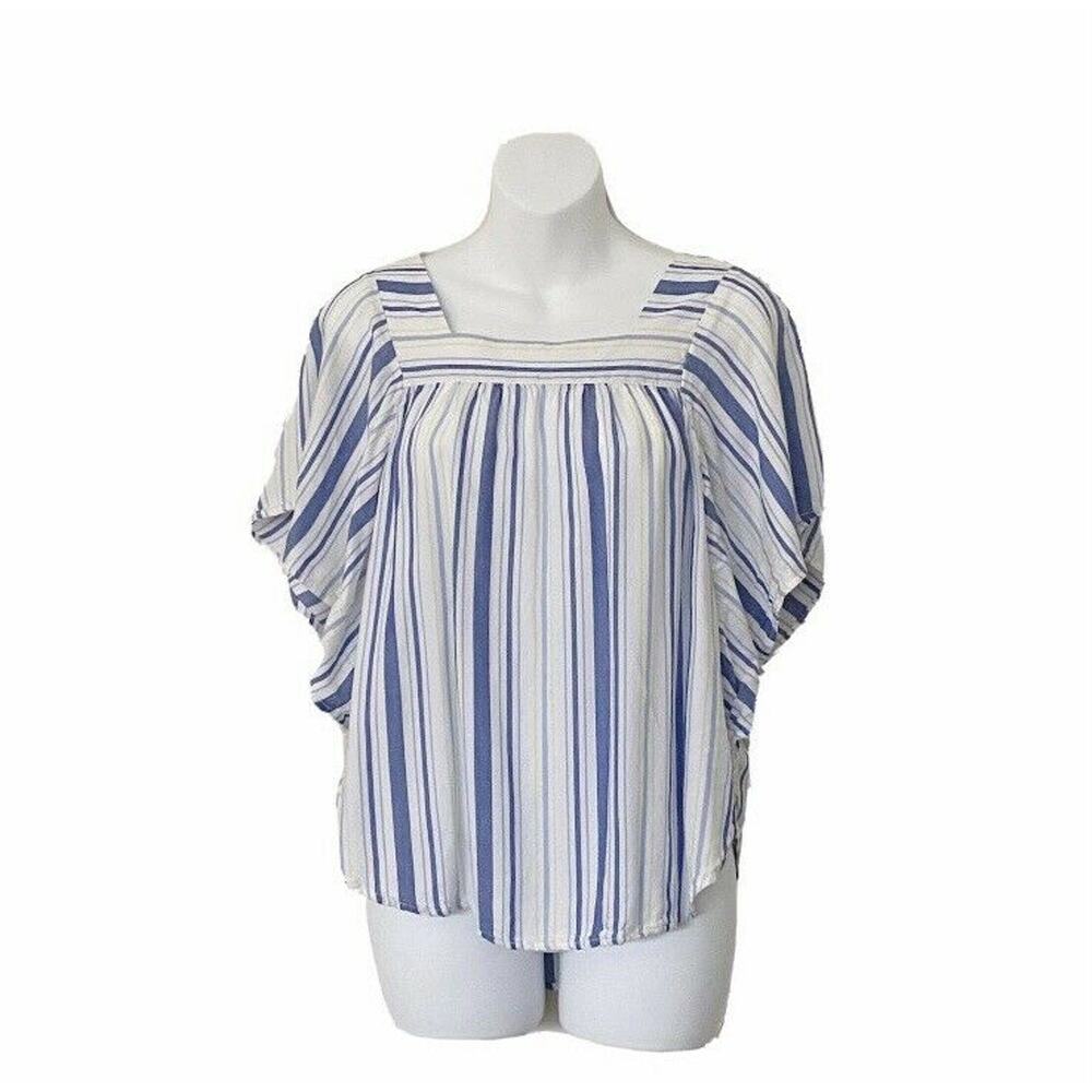 beachlunchlounge Zoey Top Sz XS Blue White Green Striped Batwing Short Sleeve